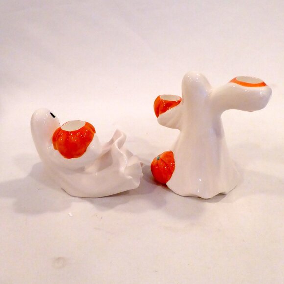 NEW 2004 FITZ & FLOYD HALLOWEEN CERAMIC SMILING GHOST TAPER CANDLE HOLDER SET - Picture 7 of 13